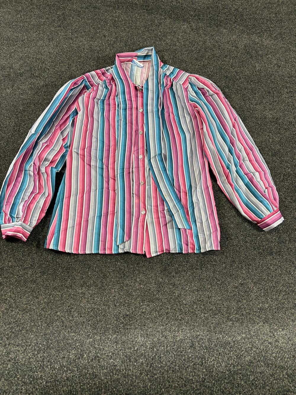 Vintage Lewmar Creations Blouse Womens M Multicolor Stripe Tie Neck Long Sleeve
